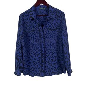 [Y] The Letter‎ Silk Blouse M Blue Black Leopard Print Long Sleeve Button Down